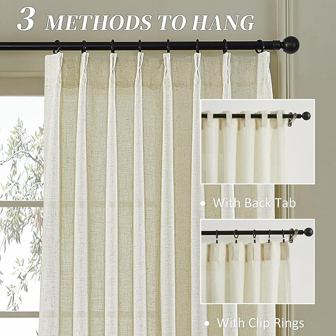 MASWOND Pinch Pleated Linen Curtains 90 Inches Long 2 Panels for Living Room Semi Sheer Curtains Pinch Pleat Drapes for Traverse Rod Light Filtering Curtains for Dining W38xL90 Length