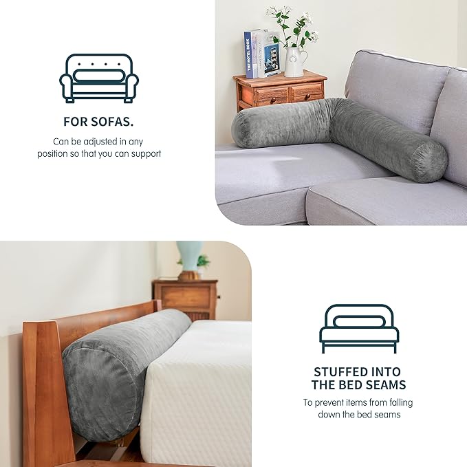 SyMax 7.8"x60" Body Pillow for Queen Bed, Bolster w/Removable Polyester Cover, Headboard Gap Filler Pillow, Light Grey