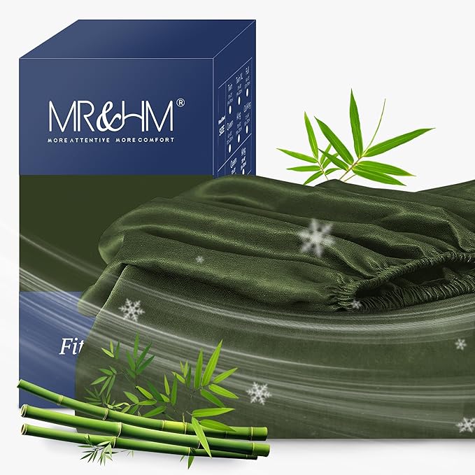 MR&HM Queen Fitted Sheet Only, Ultra-Soft Rayon Derived from Bamboo & Polyester Blend, Silky & Breathable, 15" Deep Pocket with Elastic Straps, Cooling Fitted Sheet for Hot Sleepers, Olive Green