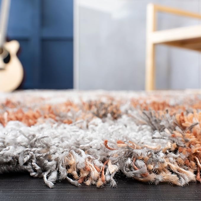 SAFAVIEH Horizon Shag Collection Area Rug - 8' Round, Grey & Rust, Modern Abstract Design, Non-Shedding & Easy Care, 2-inch Thick Ideal for High Traffic Areas in Living Room, Bedroom (HZN890P)