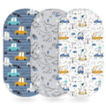 Baby Bassinet Sheets Girl Boy, Fitted Bassinet Sheet Set 3 Pack Bassinet Mattress Sheets Universal Fit for Rectangle, Round, Oval, Hourglass Mattress, Soft Breathable Grey & Blue Car