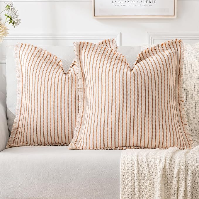MIULEE Pack of 2 Orange Throw Pillow Covers 24x24 Inch Striped Farmhouse Couch Pillowcases with Fringe Chic Linen Decorative Euro Sham Cushion Covers for Halloween Sofa Living Room Bed Home Decor