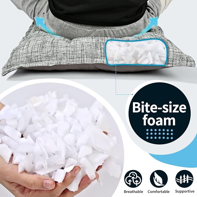 SINSOSSO Large Floor Pillow 22", Thickened Bite-Size Memory Foam Square Non-Slip Cushion for Office Back Support/Indoor Yoga/Chair Seat, Fashionable Color-Blocked Fabric & Washable, White-Gray, 1 PCS