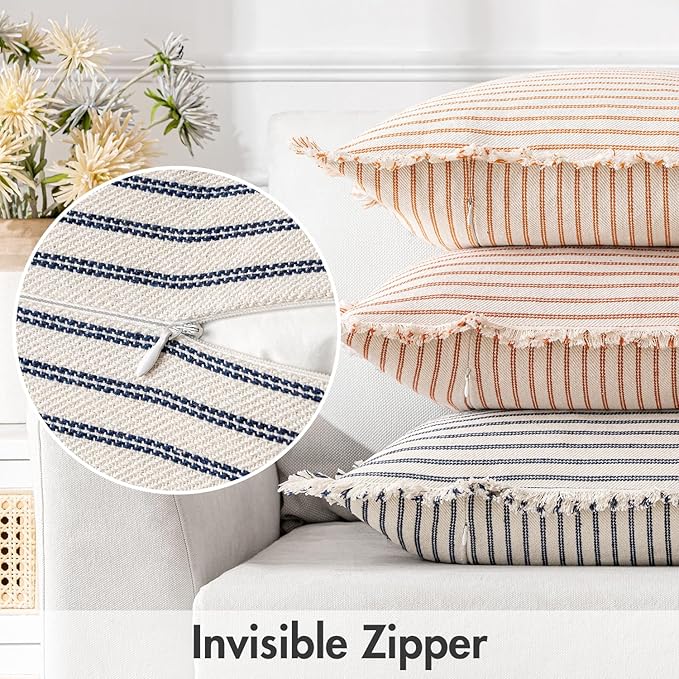 MIULEE Pack of 2 Navy Blue Pillow Covers 20x20 Inch Striped Farmhouse Couch Throw Pillow Covers with Fringe Chic Linen Decorative Cushion Covers for Sofa Living Room Bed Outdoor Home Decor