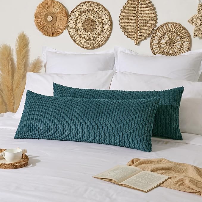 Kevin Textile 14x36 Inch Long Lumbar 1 Pack Boho Decorative Throw Pillow Cover Soft Striped Corduroy Rectangle Cushion Case Farmhouse Solid Color Accent for Living Room Couch Sofa Bed, Teal Blue