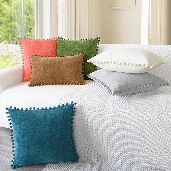 CaliTime Throw Pillow Covers Decorative 22 X 22 Inches Pack of 2 Cozy Solid Dyed Soft Chenille Cushion Cases with Pom Poms for Couch Sofa Bed Living Room Home Forest Green