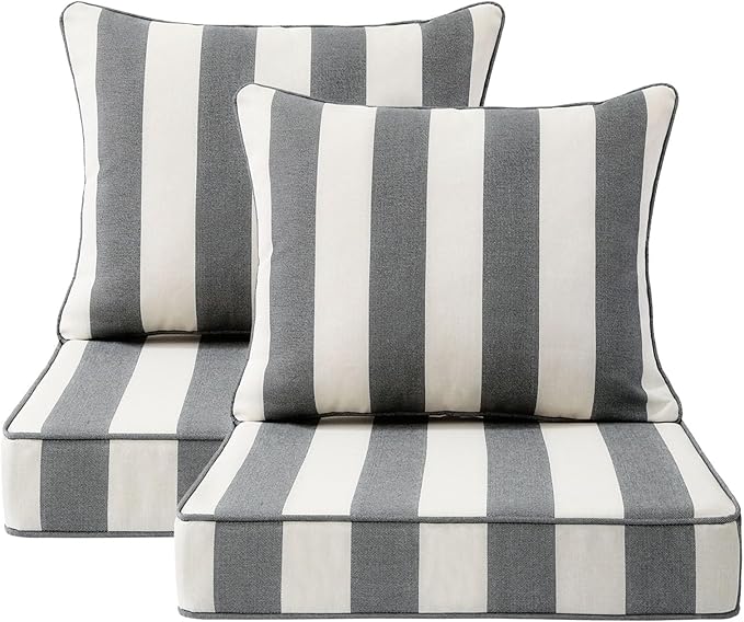 Outdoor Patio Chair Cushions Set, 24" x 24", Set of 2, Water-Repellent, Fade Resistant, Deep Seat Bottom and Back Cushion for Backyard, Couch, Sofa and Patio Furniture, Gray Stripe