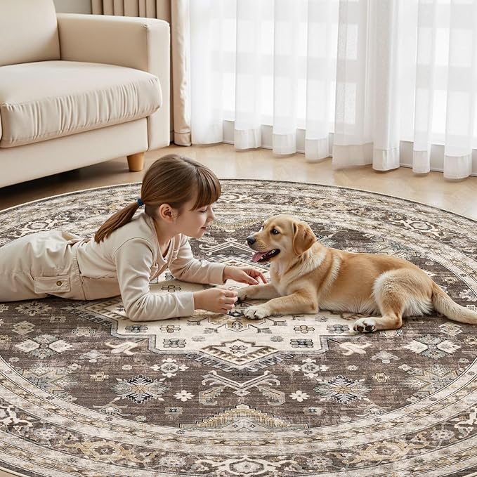 6ft Round Vintage Living Room Area Rug - 6x6 Large Soft Washable Oriental Traditional Distressed Farmhouse Rugs for Bedroom - Indoor Floor Accent Carpet for Home Office House Decor - Dark Brown