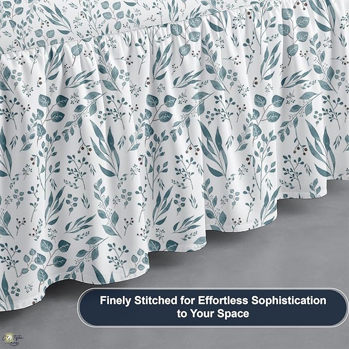 Cottington Lane Ruffled Bed Skirt Twin Size with Split Corner, Brushed Microfiber Hotel Quality Dust Ruffle, 14" Drop Gathered Bedskirt, Soft, Stylish, Shrink & Fade Resistant, Tranquil Green Petals