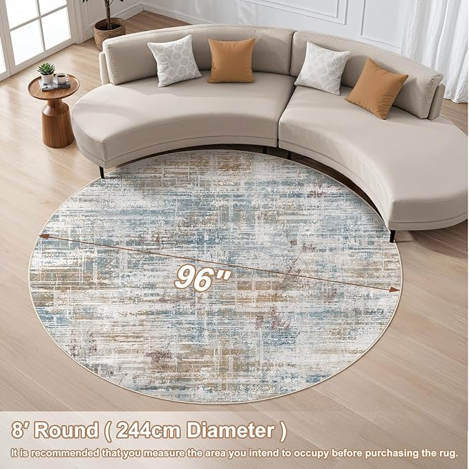 8ft Round Area Rug for Living Room: 8x8 Washable Neutral Abstract Modern Soft Rugs Non Slip Indoor Floor Stain Resistant Carpet for Bedroom Dining Room Office Nursery - Blue Brown