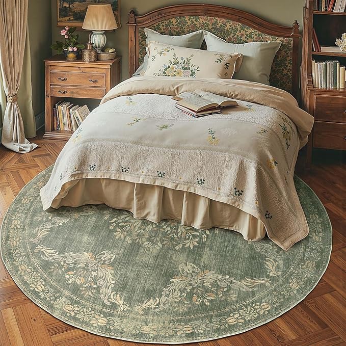 jinchan Round Rug 7ft Area Rugs, Vintage Floral Distressed Design Machine Washable Soft Non-Slip Low-Pile Ultra-Thin Christmas Circle Rug for Living Room Dining Room Home Office (7' Round, Dark Green)