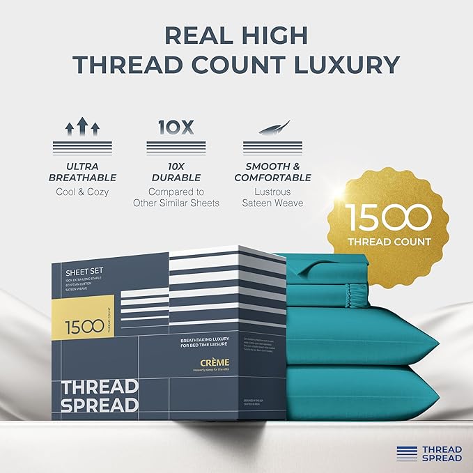 THREAD SPREAD 100% Egyptian Cotton Sheets Queen Size Bed Set - 4 PC 1500 Luxury High Thread Count Teal Egyptian Cotton Queen Bed Sheets, Silky Soft, Cooling, Sateen Weave, 17" Deep Pocket Bedsheet