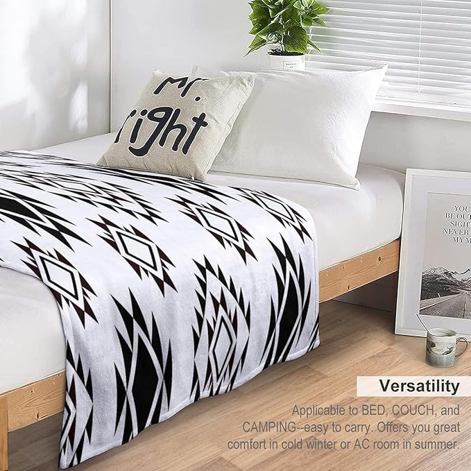 Boho Throw Blanket, Black and White Native Blankets, Vintage Tribal Aztec Printed Flannel Blanket for Chair Bed Sofa Couch 60"x80"