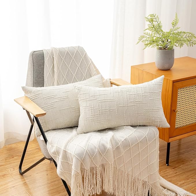 Decorative Throw Pillow Covers 12x20 Inch Set of 2, Thick Solid Farmhouse Chenille Couch Pillows, Spring Pillow Covers for Couch Sofa Bed Living Room Home Decor Pillowcase,White