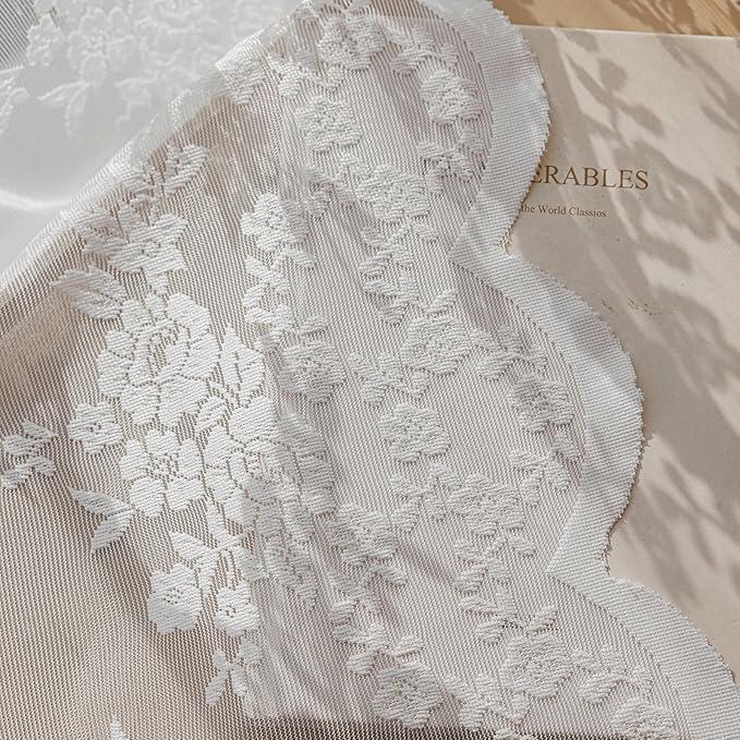 Anmao Vintage Lace Valance Kitchen Curtains 36 Inches Long 2 Panels, Semi Sheer Floral Over Sink Lacy Cafe Curtain, Elegant Window Short Small Drapes, 55W x 36L, White Rose