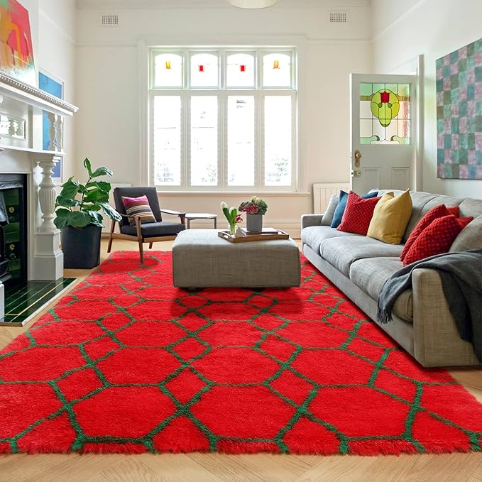 ONASAR 6x9 Area Rugs for Living Room, Large Fluffy Red and Dark Green Bedroom Rug, Geometric Boho Soft Shaggy Plush Floor Carpet for Kids Girls Teen Nursery Dorm Christmas Home Decor Aesthetic