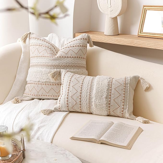 BlissBlush Decorative Throw Pillow Cover 18X18 Combo Set of 2 Square Cream Neutral White Boho Accent Pillowcase Tassels Farmhouse Cushion for Couch Sofa Bedroom Living Room Home Décor Cover ONLY