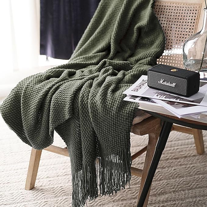 LOMAO Knitted Throw Blanket with Tassels Bubble Textured Lightweight Throws for Couch Cover Home Decor (Dark Olive, 50x60)