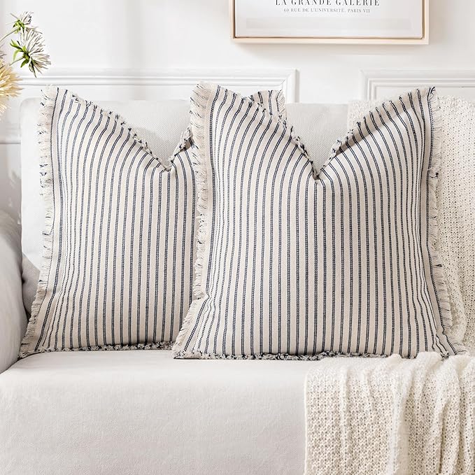 MIULEE Pack of 2 Navy Blue Pillow Covers 22x22 Inch Striped Farmhouse Couch Throw Pillow Covers with Fringe Chic Linen Decorative Cushion Covers for Sofa Living Room Bed Outdoor Home Decor