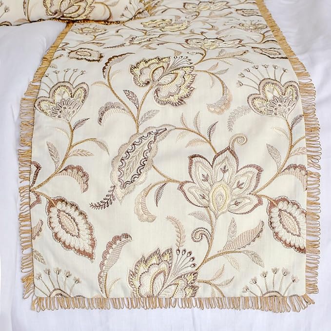 The HomeCentric King/Queen/Twin Beige Decorative Bed Runner CA King 86"x18" Bed Runner Without Pillow Cover, Floral, Pearl, Jute Lace, Embroidery Bed Scarf on Cotton Fabric - Floral Luster