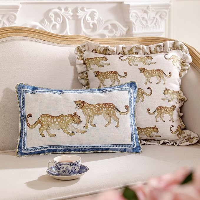 patdrea Designer Lumbar Throw Pillow Covers for Couch 12"x20",Vintage French Linen Pillows Cover with Blue Floral Pattern,Fall Decorative Rectangle Pillowcases for Bed Living Room Outdoor