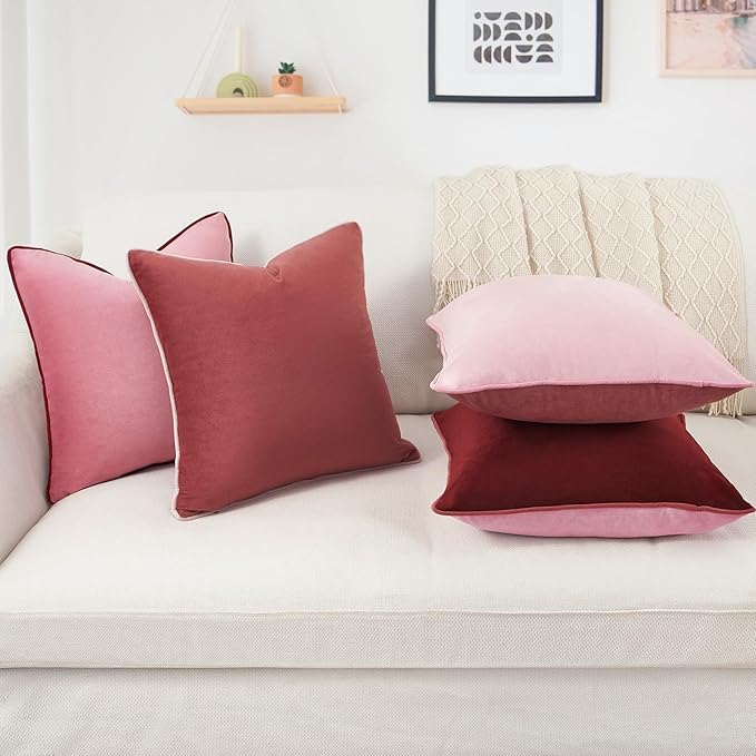 MONDAY MOOSE Decorative Throw Pillow Covers Cushion Cases, Set of 4 Soft Velvet Modern Double-Sided Designs, Mix and Match, Pillow Inserts Not Included (16x16 inch, Pink/Dark Pink)