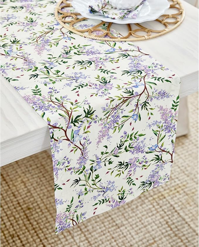 Solino Home Lilacs Floral Print Table Runner 60 inch - 100% Pure Linen Table Runner 14 x 60 Inch - Handcrafted and Machine Washable - Lilacs/Off White Print