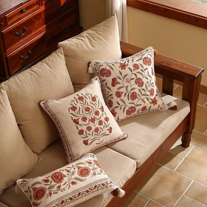 ISAENNE Design Linen Square Vintage Throw Pillow Covers 18"x18", Brick Red Cushion Covers with Orange Floral Green Leaves Pattern Decoration Pillowcases for Bed,Living Room,Outdoor,Car