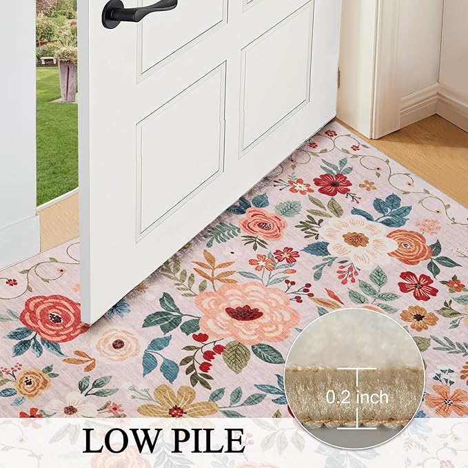 DUKINO 2x6 Runner Rug for Hallway, Washable Kitchen Runner Rug with Non Slip Backing, Low Pile Soft Boho Floral Runner for Kitchen, Hallway, Entryway, Laundry, Bedroom, Beige
