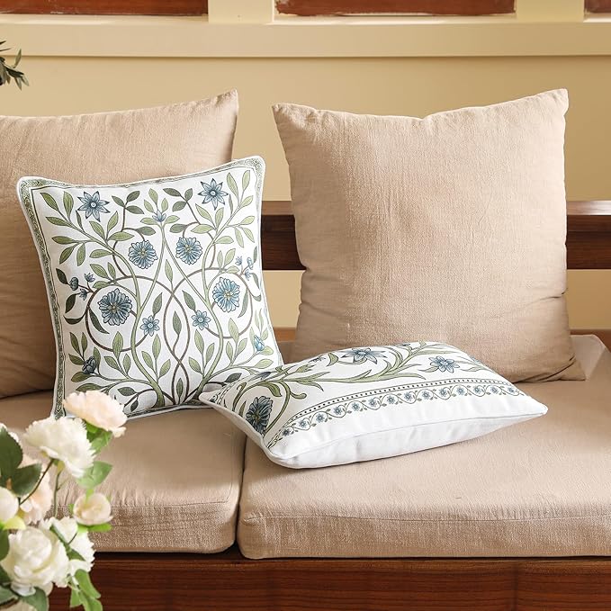 ISAENNE Design Fresh Linen Lumbar Throw Pillow Covers 12"x20", French White Cottage Cushion Covers with Green Branches Pattern Decoration Pillowcases for Bed,Living Room,Outdoor,Car
