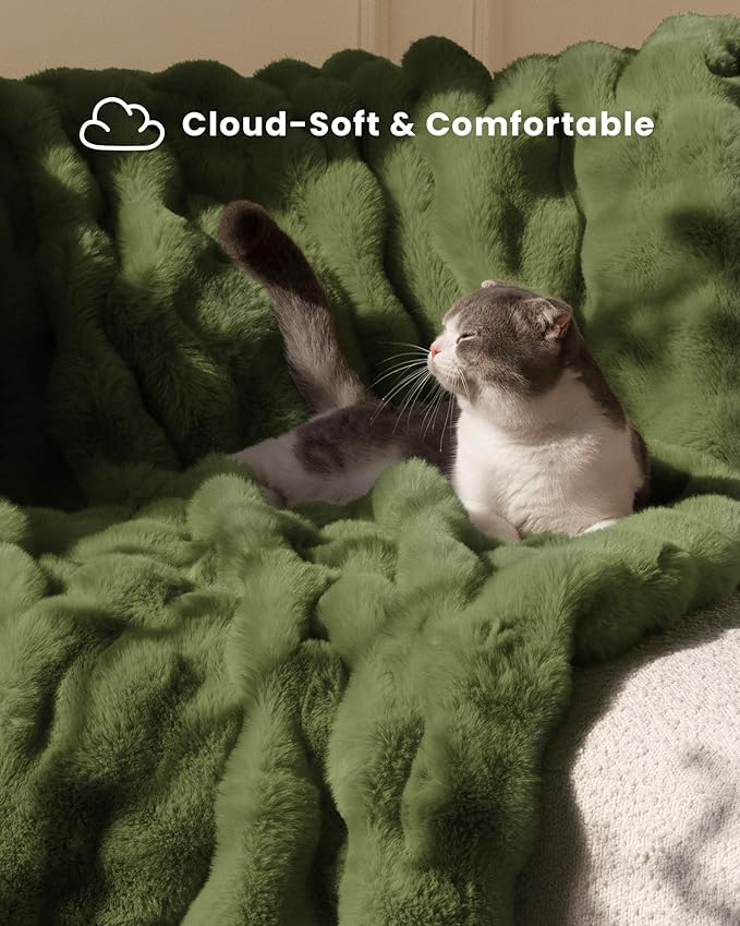 Ultra Soft Cozy Faux Fur Throw Blanket, Fuzzy Plush Thick Bubble Blanket, Oversize Luxury Fluffy Blanket for Couch, Sofa, Bedroom, and Living Room,50x60 Inches,Sage