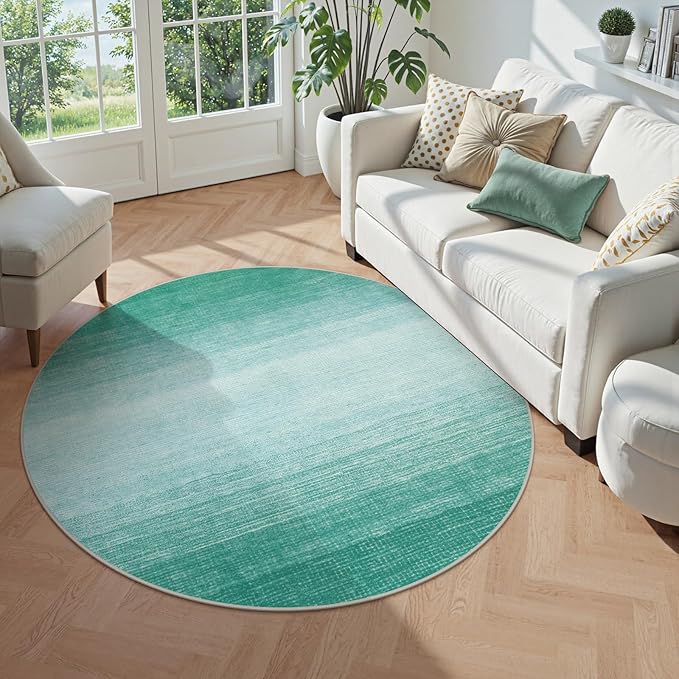 Wonnitar Modern Ombre Washable Round Rug 4ft, Non-Slip Teal Round Bathroom Throw Mat, Contemporary Soft Non-Shedding Bedside Indoor Accent Floor Carpet for Entry Foyer Guest Room (Teal, Round 4ft)