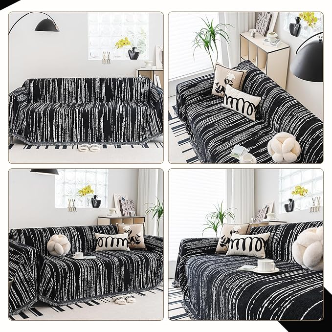 Chenille Couch Cover Pet Friendly, Sofa Cover Washable, Reversible Sofa Slipcover for Sectional Sofa, Loveseat, 2 or 3 Cushion Couch, Corner Sofa, Futon Cover (71" X 134", Black)