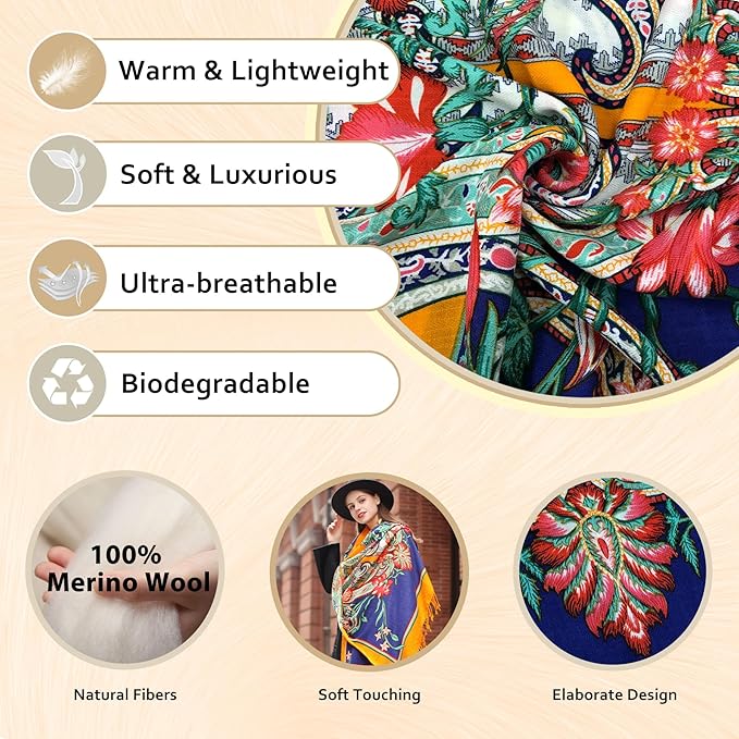 DANA XU 100% Merino Wool Extra Large Pashmina Blanket Travel Scarf Cashmere Wrap for Women Fall Winter Oversize Shawl Floral
