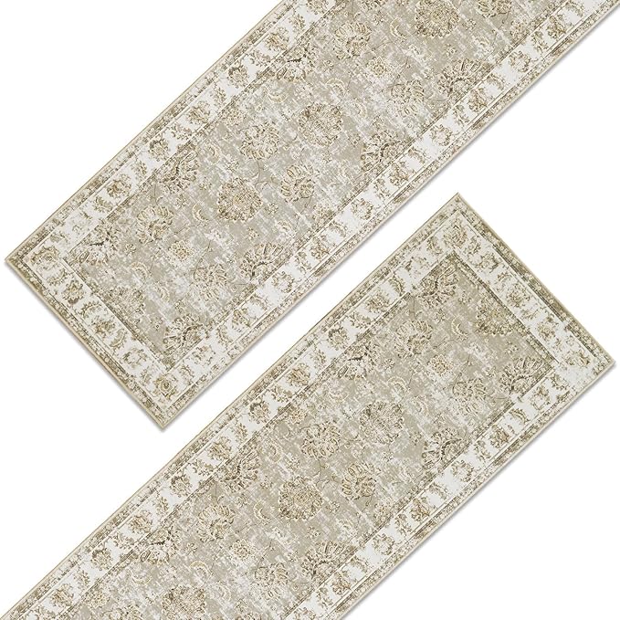 jinchan Fiora Runner Rug 3x10-2pcs Kitchen Washable Vintage Hallway Rug Floral Print Floor Cover Indoor Thin Retro Mat Accent for Bathroom Laundry Room Bedroom Office Farmhouse (Double, Taupe)