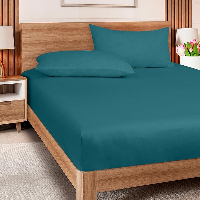 ROYALE LINENS 300 Thread Count 100% Long Staple Combed Cotton Fitted Sheet Full - Super Soft Deep Pocket Bottom Sheet - Fitted Sheets Only - Elastic Sheets (Full, Teal)