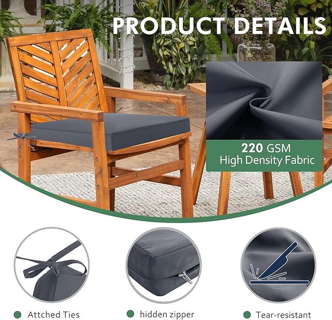 Outdoor Chair Cushions Set of 2: Waterproof & Color Fastness Seat Cushion for Patio Furniture - 22 x 22 x 3 Inch Chair Pads with Ties and Hidden Zipper - Patio Chair Cushion Replacement, Dark Grey