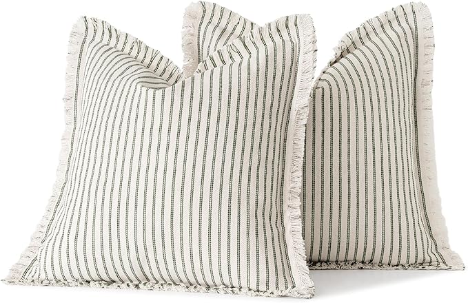 MIULEE Pack of 2 Olive Green Christmas Pillow Covers 18x18 Inch Striped Farmhouse Couch Throw Pillow Covers with Fringe Chic Linen Decorative Cushion Covers for Sofa Living Room Bed Outdoor Home Decor