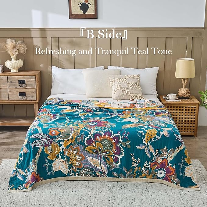 Farmhouse Throw Blanket, 60"x 80" Boho Throw Blankets for Couch Cover, 100% Cotton Bohemian Vintage Quilt for All Seasons Reversible Florals Lightweight Picnic Blankets Home Decoration