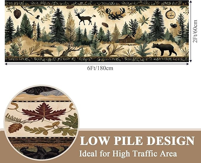 Brown Bohemian Bear Runner Rug 4x10ft with Elk Cabin Pinecone - Foldable Vintage Floor Mat for Farmhouse Decor, Thick Non-Skid Rug Indoor Outdoor Use, Forest Lawn Pattern