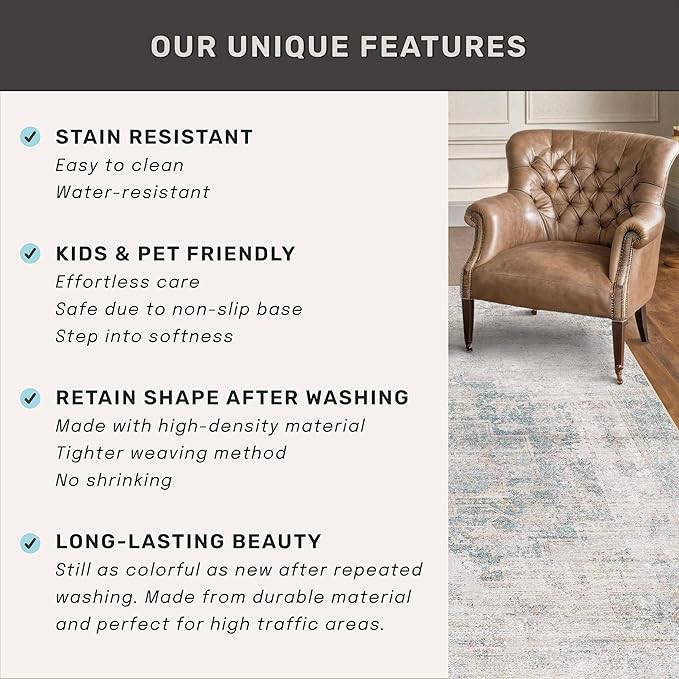 Washable 6x9 Bedroom Rug - Blue Grey Modern Rug for Living Room, Dining Room Table, Non Slip Soft Faded Print Mat