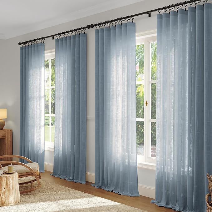 Anmao Natural Linen Curtains for Living Room 72 Inch Length 2 Panels Set, Light Filtering Semi Sheer Window Curtain Drapes for Bedroom with Curtain Rings and Clips, 52Wx72L, Haze Blue