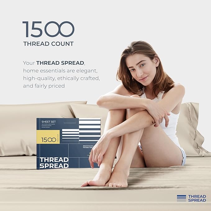 THREAD SPREAD 100% Egyptian Cotton Sheets California King Size Bed Set - 4 PC 1500 Luxury High Thread Count Beige Cal King Bed Sheets, Silky Soft, Cooling, Sateen, 17" Deep Pocket Bedsheet Set