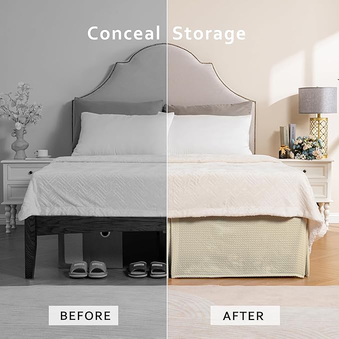 MIYE Pleated Waffle Weave Bed Skirt, Tailored Dust Ruffle 14 Inch Drop Easy Fit, Machine Washable,No Split Corners (Light Beige, Twin - 14" Drop)