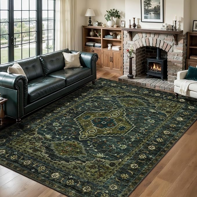 Tangsoo 6x9 Area Rug Washable Rug for Living Room, Vintage Indoor Non Slip Large Area Rugs, Print Distressed Carpet, Soft Low Pile Foldable Floor Rug for Bedroom Dining Room Dorm Olive Green