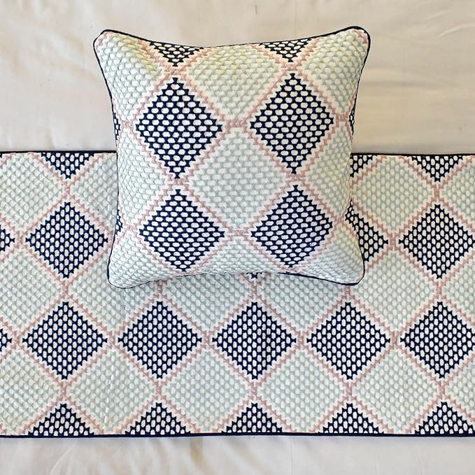 The HomeCentric King/Queen/Twin Blue Decorative Bed Runner King 90"x18" Bed Runner with One Pillow Cover, Embroidered Bed Scarf on Embroidered Fabric - Pointillism