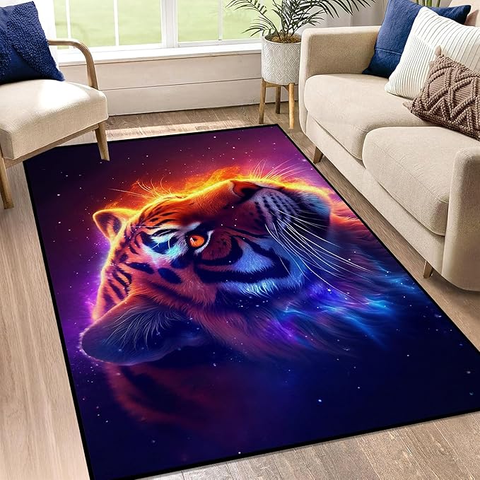 Galaxy Tiger Rug 3D Fierce Tigers Area Rugs for Bedroom Living Room Playroom Gameroom Boys Kids Fire Glitter Carpet Throw Rugs Floor Mat 47 in X 31 in
