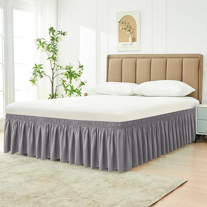 Biscaynebay Wrap Around Bed Skirts for King & Cal King Beds 16" Drop, Silver Grey Adjustable Elastic Dust Ruffles Easy Fit Wrinkle & Fade Resistant Silky Luxurious Fabric Solid Machine Washable