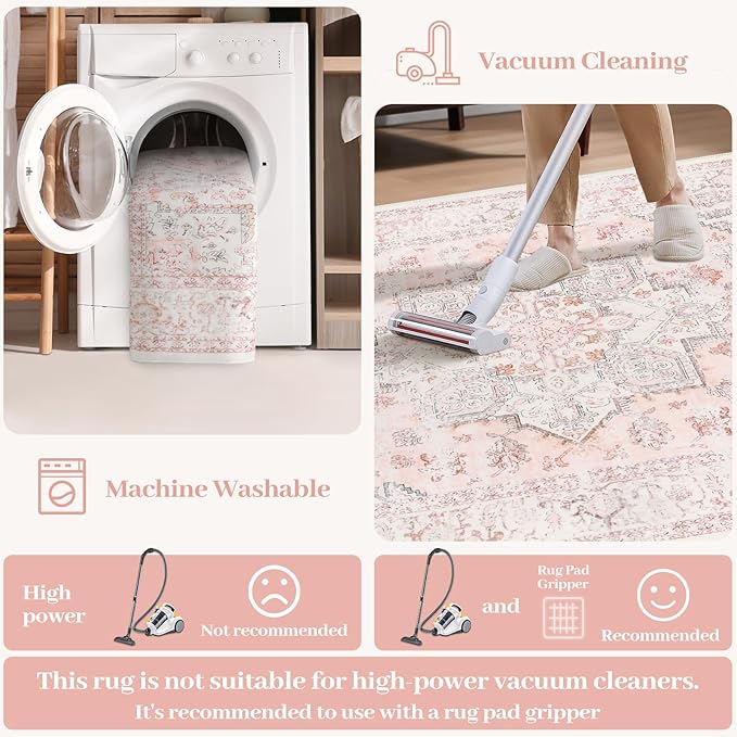 LIVEBOX Area Rug Pink 4x6 - Oriental Floral Bedroom Rug Vintage Low-Pile Indoor Rugs for Kids Room, Non-Shedding Retro Carpet, Accent Rugs for Kitchen Entryway Office Camper Pink