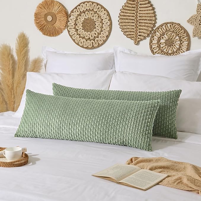 Kevin Textile 14x36 Inch Long Lumbar 1 Pack Boho Decorative Throw Pillow Cover Soft Striped Corduroy Rectangle Cushion Case Farmhouse Solid Color Accent for Living Room Couch Sofa Bed, Sage Green